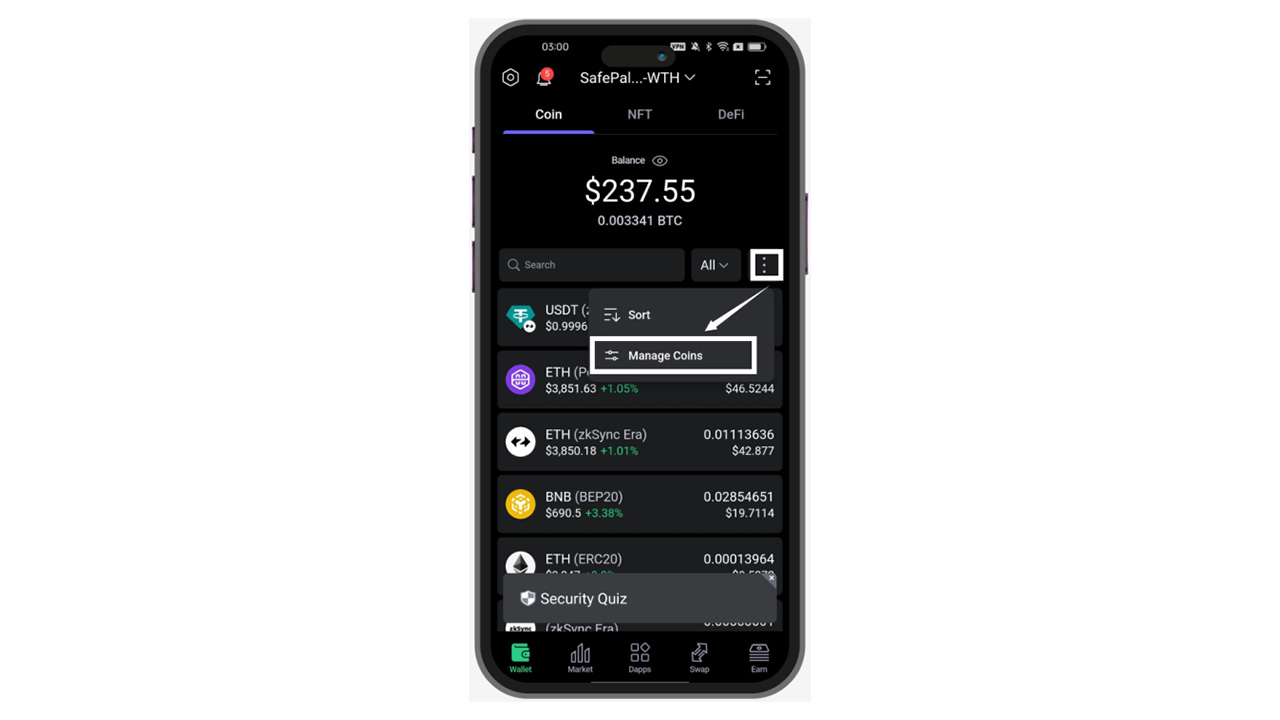 منوی مدیریت کوین ها در اپلیکیشن SafePal