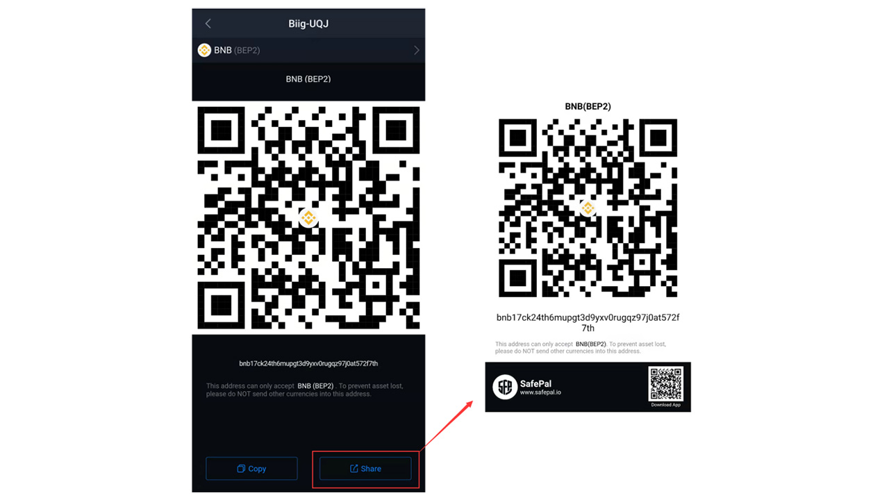 آموزش دریافت ارز دیجیتال در کیف پول سختافزاری سیف پال SafePal S1 8 اشتراک گذاری آدرس کیف پول در اپلیکیشن سیف پل